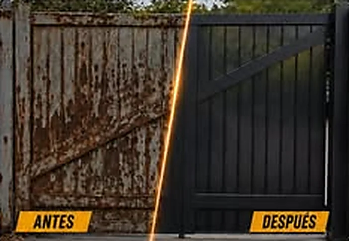 Reja severamente corroída antes de la reparación y la misma reja restaurada y pintada después del trabajo de M&E