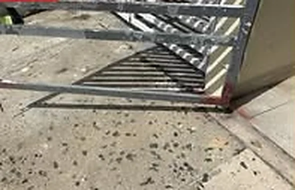 Portón de rejas doblado y desprendido de su marco, antes de la reparación